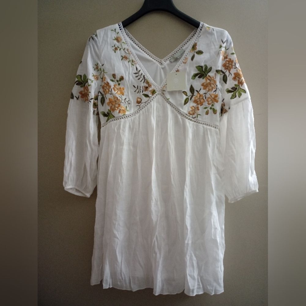 J. Gee White Embroidered Boho Baby Doll Dress Size Large
